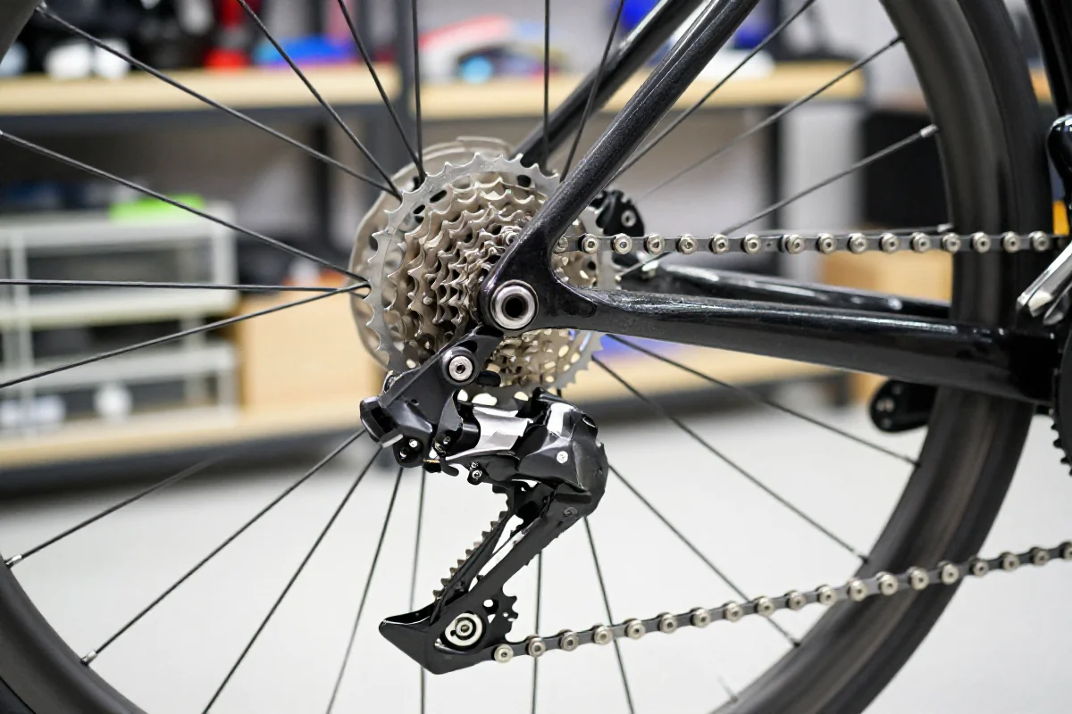 Szczegóły tylnej przerzutki rowerowej i kasety w warsztacie