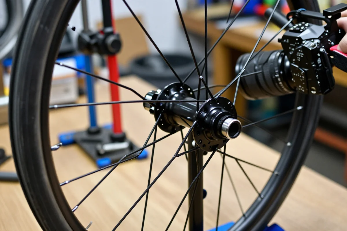 Zbliżenie koła rowerowego w warsztacie do serwisu kół i opon.