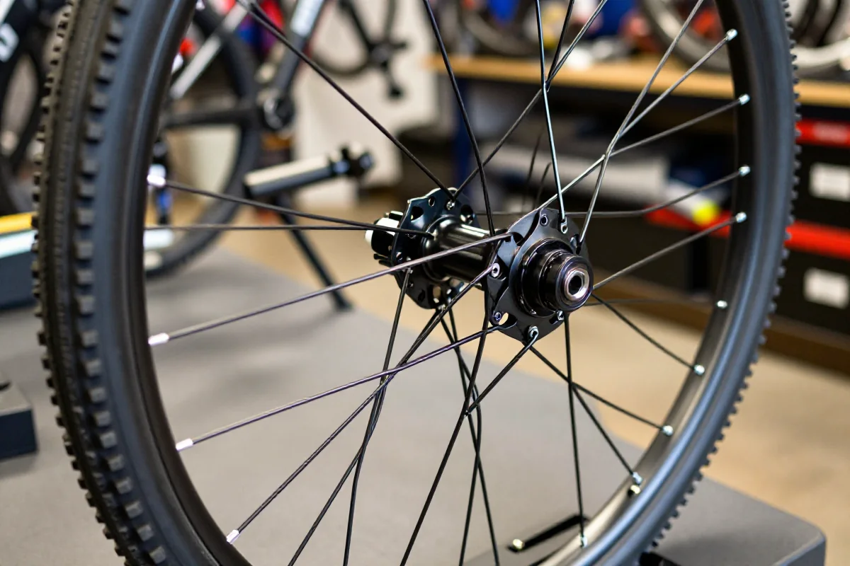 Szczegółowe zdjęcie koła roweru górskiego na warsztacie serwisowym.