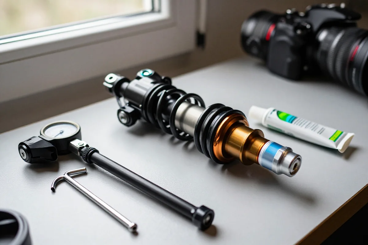 Bliska fotografia komory powietrznej amortyzatora w serwisie rowerowym.