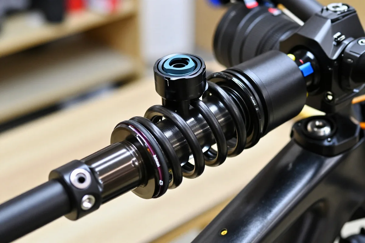 Szczegóły komory powietrznej amortyzatora roweru górskiego w warsztacie