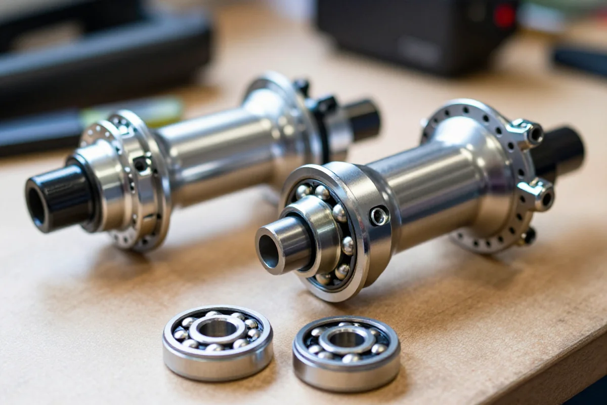 Detale łożysk piast i sterów roweru szosowego na stole warsztatowym.