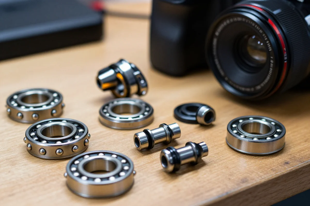 Zbliżenie na łożyska rowerowe do roweru szosowego na stole warsztatowym.