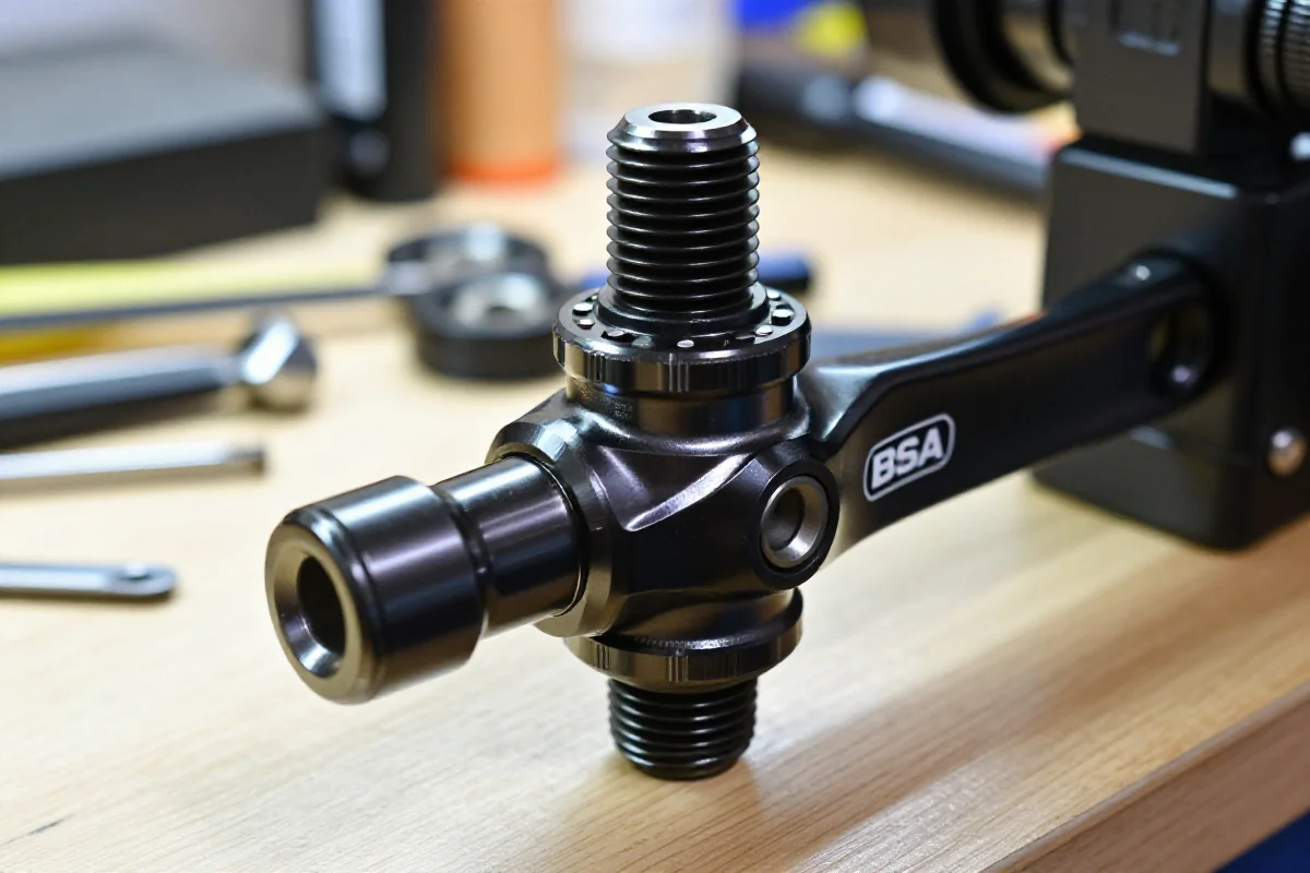 Zbliżenie łożyska suportu rowerowego w warsztacie, szczegóły konstrukcji i gwintów.