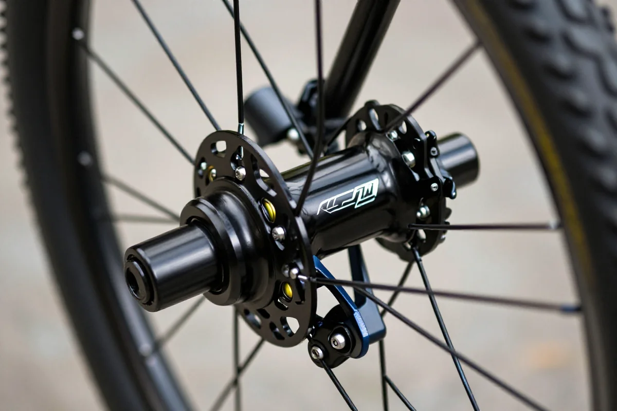 Zbliżenie na piastę kół MTB, ukazujące szczegóły i mechanizm wolnobiegu.