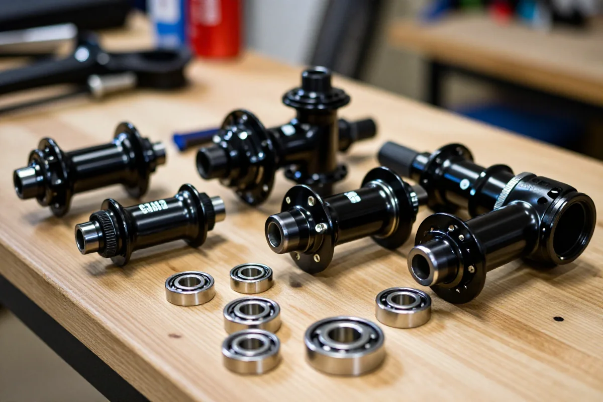 Serwis piast roweru górskiego z detalami łożysk i komponentów