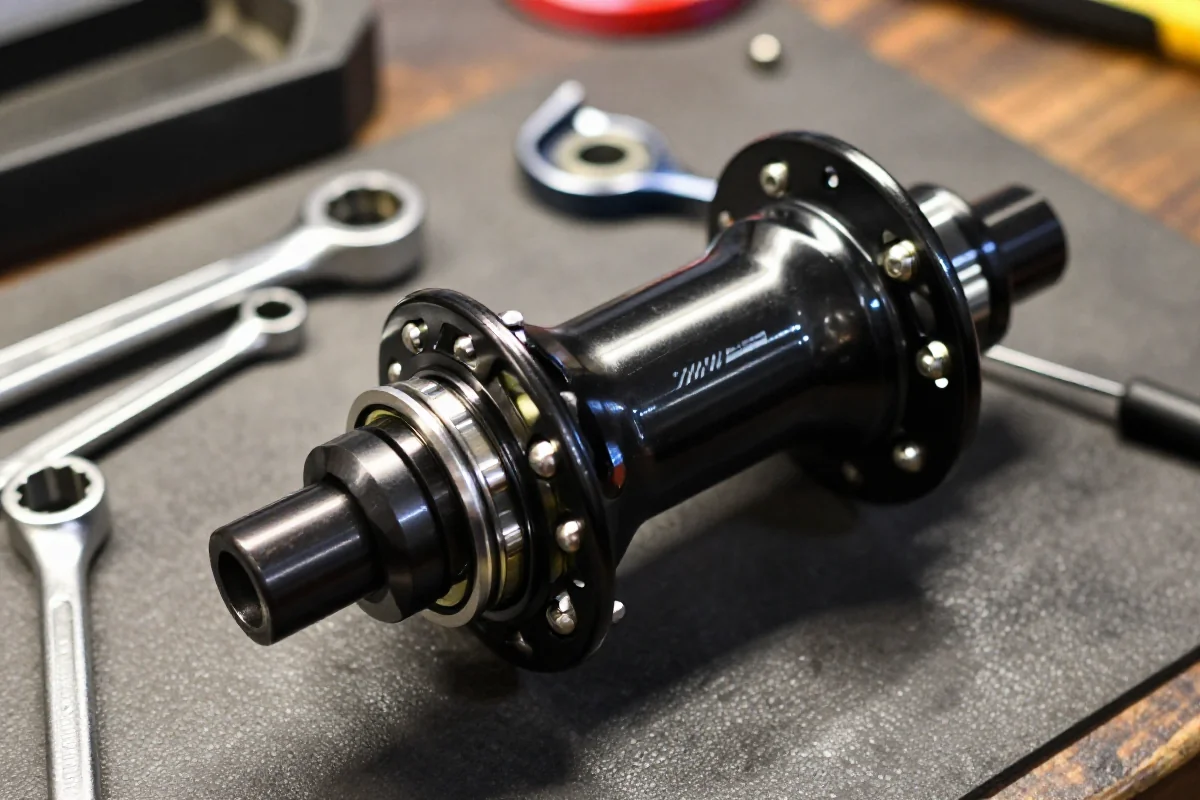 Zbliżenie na piastę rowerową górskiego z narzędziami do serwisu.