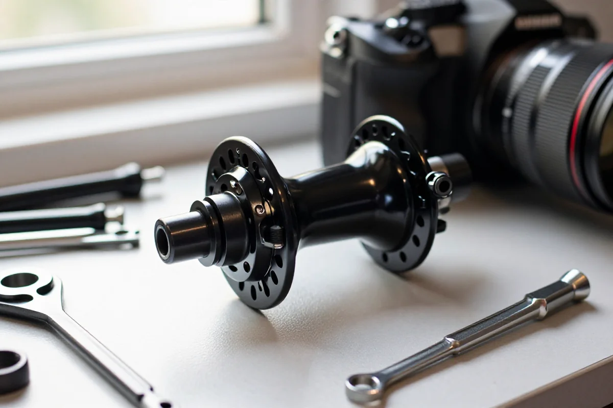 Zbliżenie na tylną piastę roweru z mechanizmem wolnobiegu i narzędziami serwisowymi.