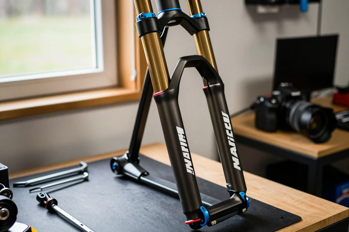 Amortyzator Manitou Machete w warsztacie, narzędzia obok, detale techniczne widoczne