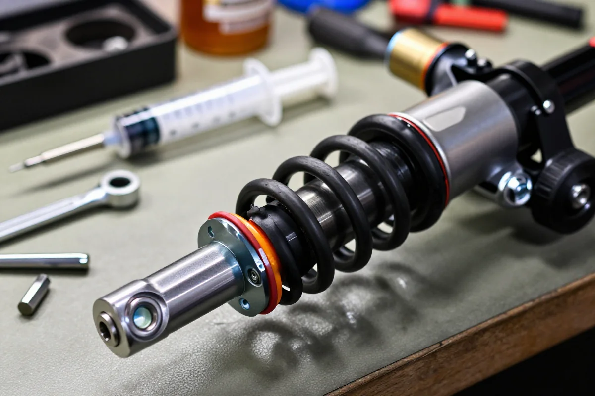 Amortyzator rowerowy w serwisie, narzędzia i materiały do konserwacji.