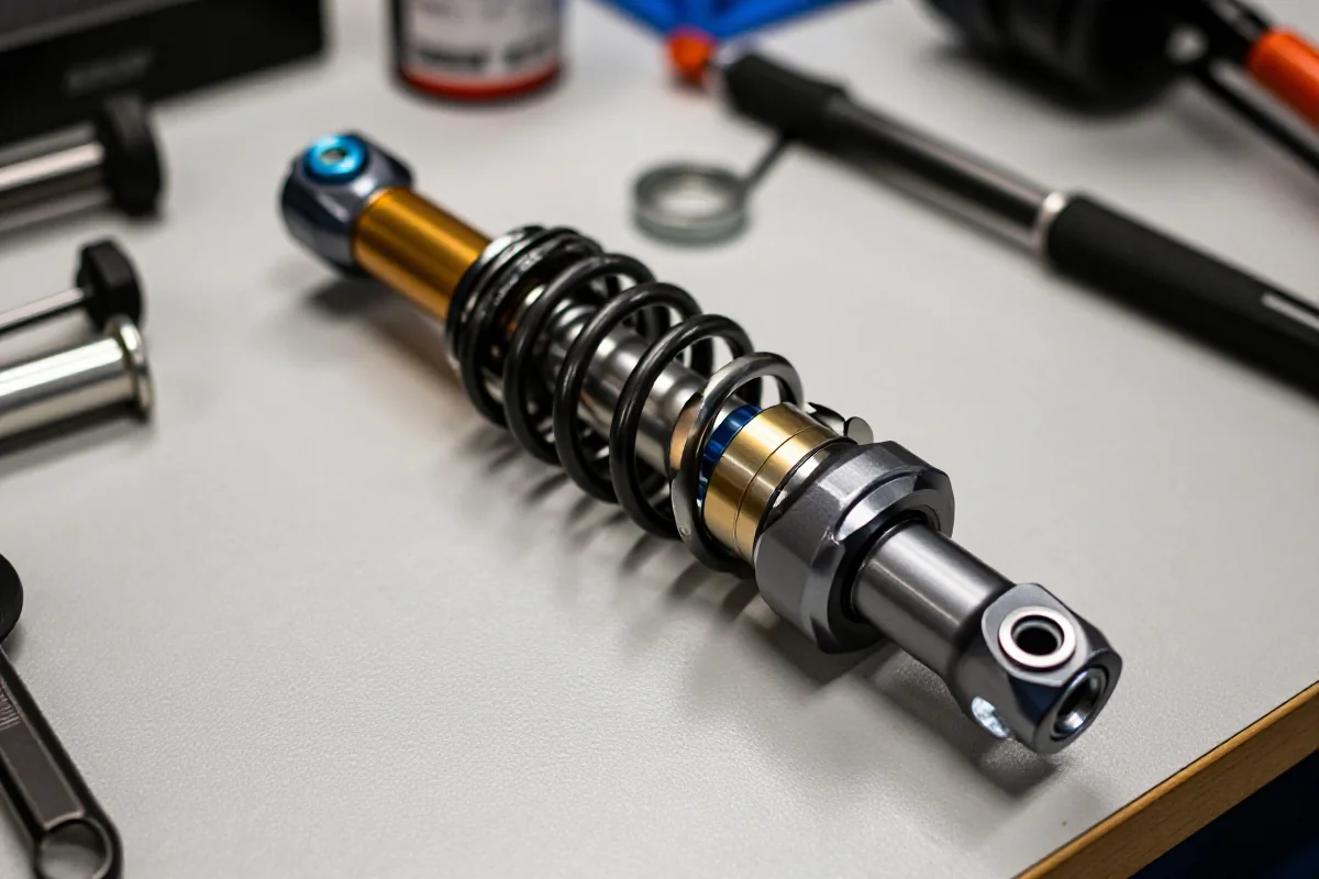 Zbliżenie na tłumik amortyzatora tylnego roweru MTB na stole warsztatowym.