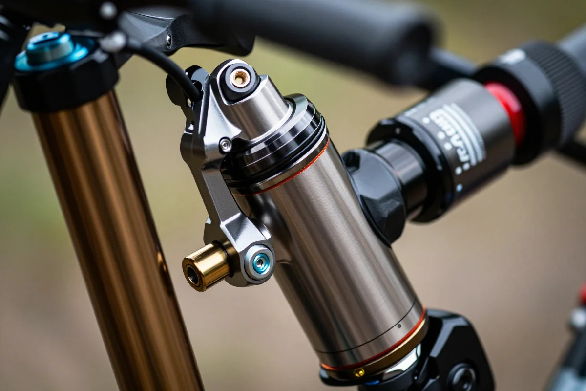 Szczegółowy widok tłumika Grip2 z roweru górskiego, z elementami hydraulicznymi.