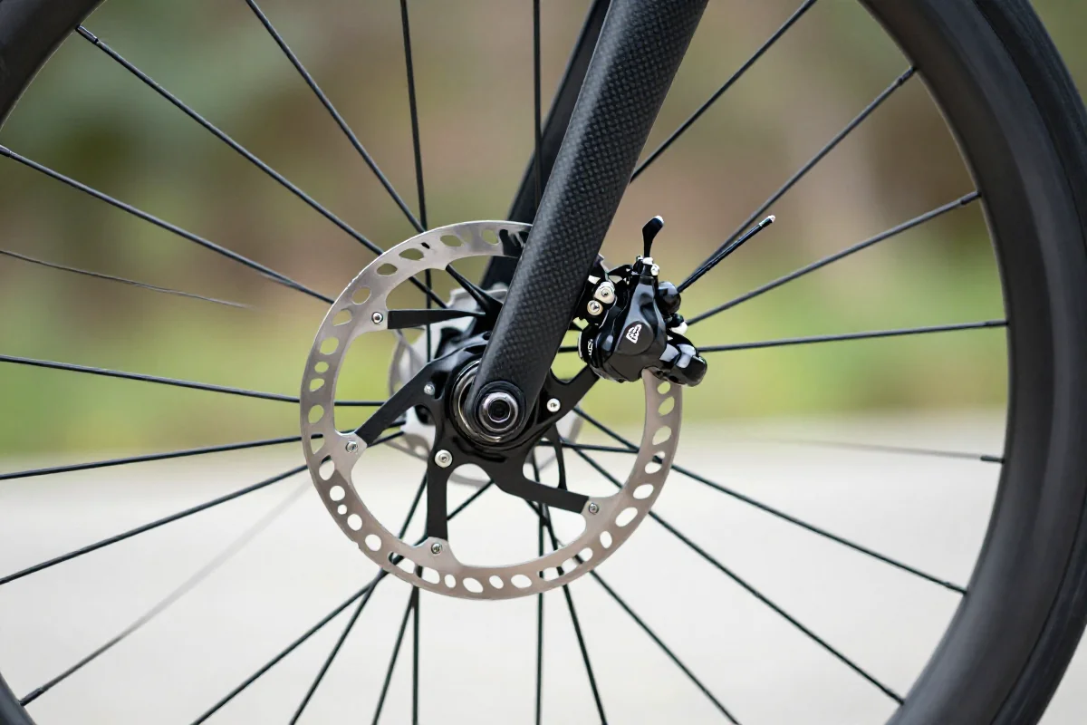 Zbliżenie na układ hamulcowy roweru szosowego, hamulce tarczowe i szczękowe.