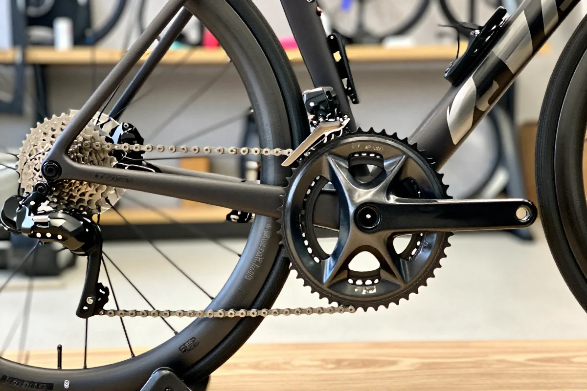 Zbliżenie na układ napędowy roweru szosowego, pokazujące łańcuch i kasetę.