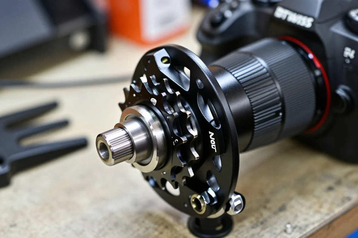 Zbliżenie na mechanizm wolnobiegu DT Swiss star ratchet w warsztacie rowerowym.