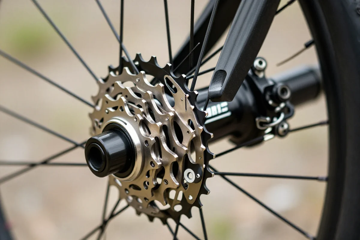 Mechanizm wolnobiegu piasty tylnej roweru górskiego w zbliżeniu.