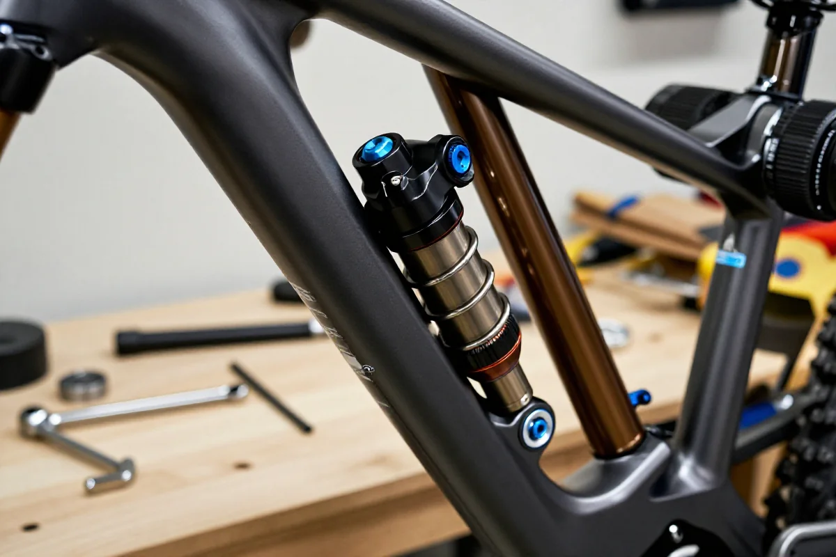 Szczegółowy widok na system tłumienia widelca MTB w warsztacie serwisowym.