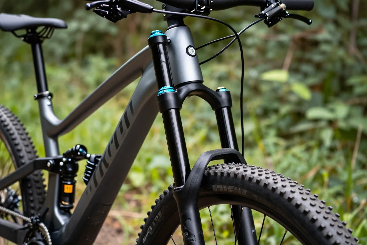 Zbliżenie na przednie zawieszenie roweru górskiego w naturalnym otoczeniu.