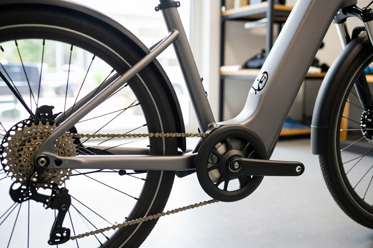 Szczegółowy widok komponentów nowoczesnego roweru elektrycznego w warsztacie