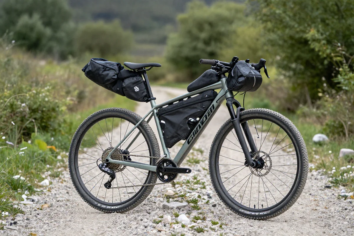 Zestaw bikepackingowy z lekkim rowerem górskim i torbami na szlaku.
