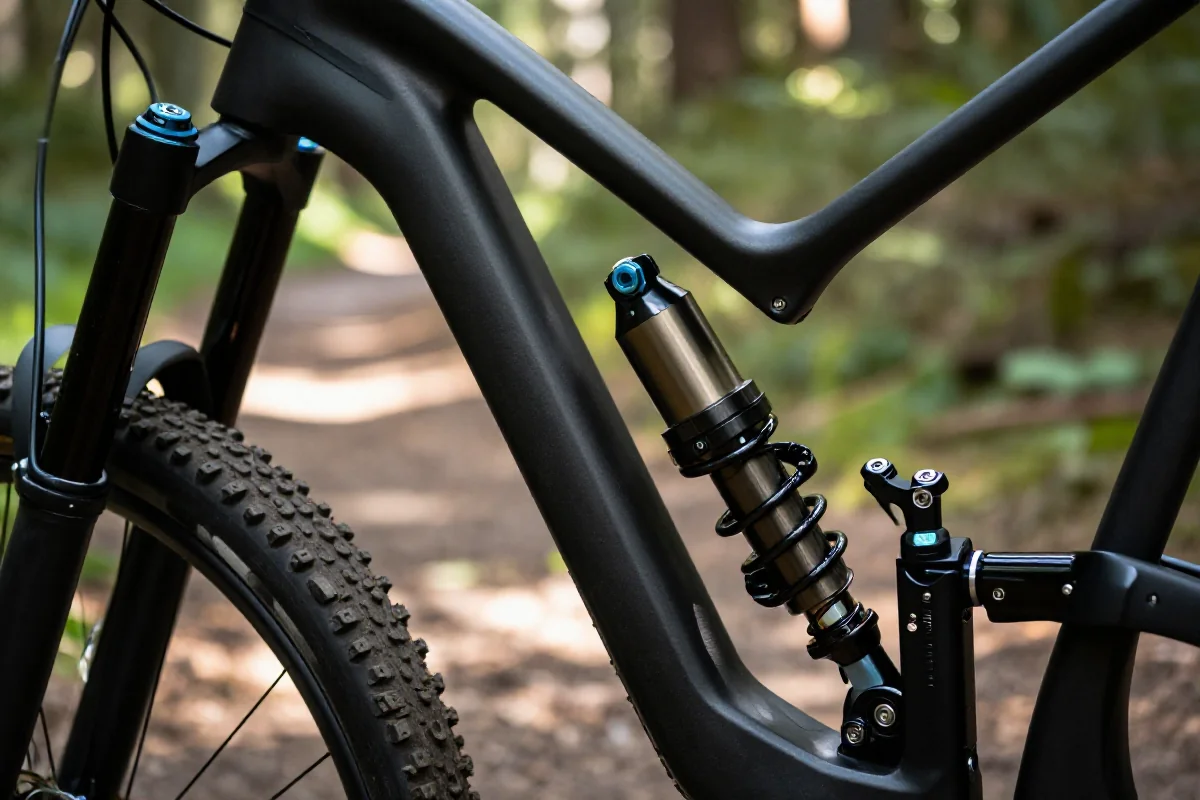 Bliski plan zawieszenia roweru górskiego, skupiony na amortyzatorze i damperze.