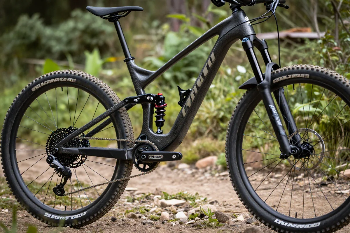 Rama roweru górskiego z włókna węglowego na szlaku, idealna do długich tras.