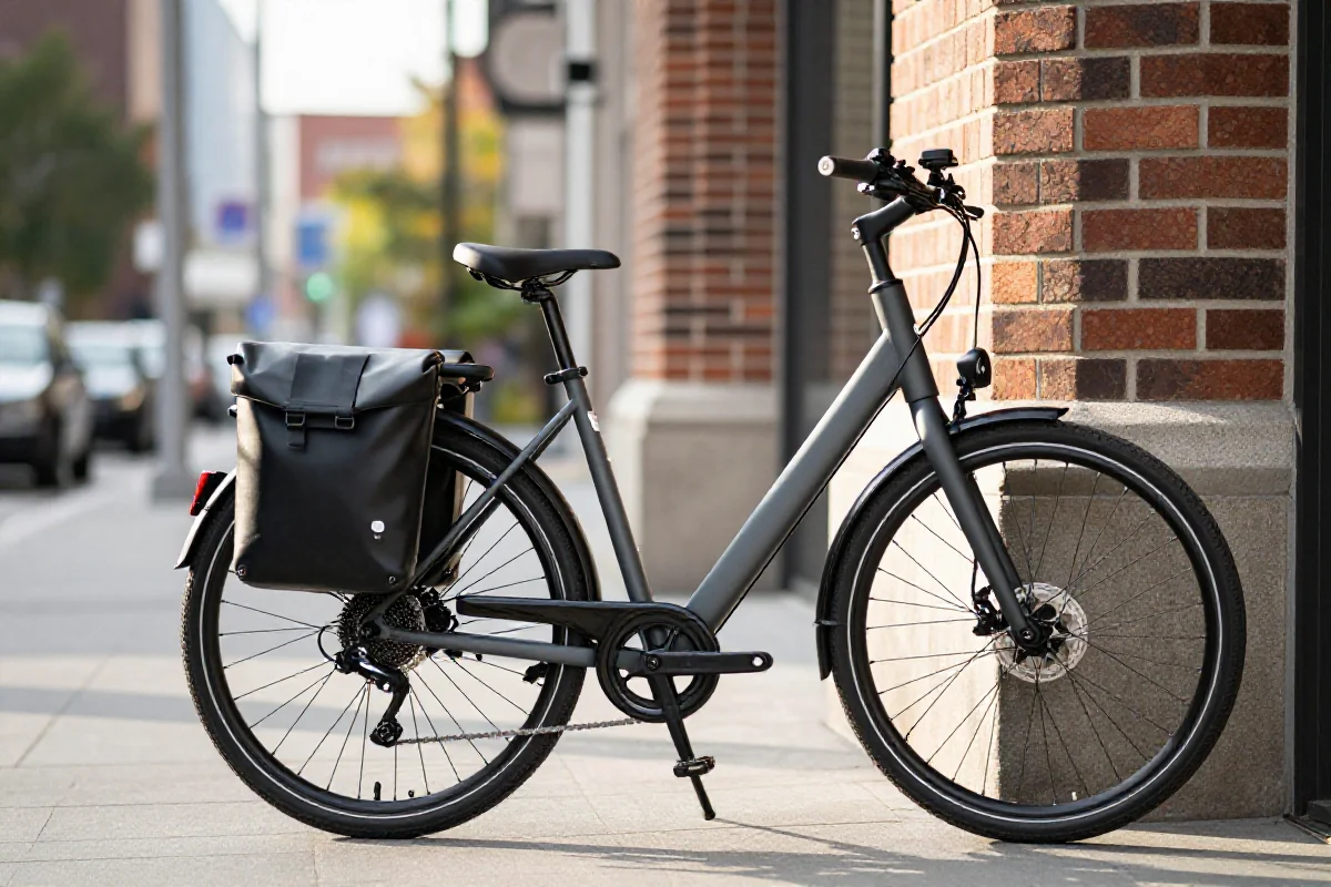 Nowoczesny rower elektryczny z bagażnikiem i torbami na zakupy