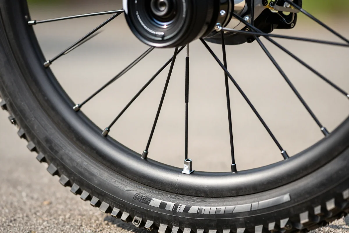 Zbliżenie na obręcz roweru MTB z systemem tubeless, ukazujące szczegóły przygotowania.