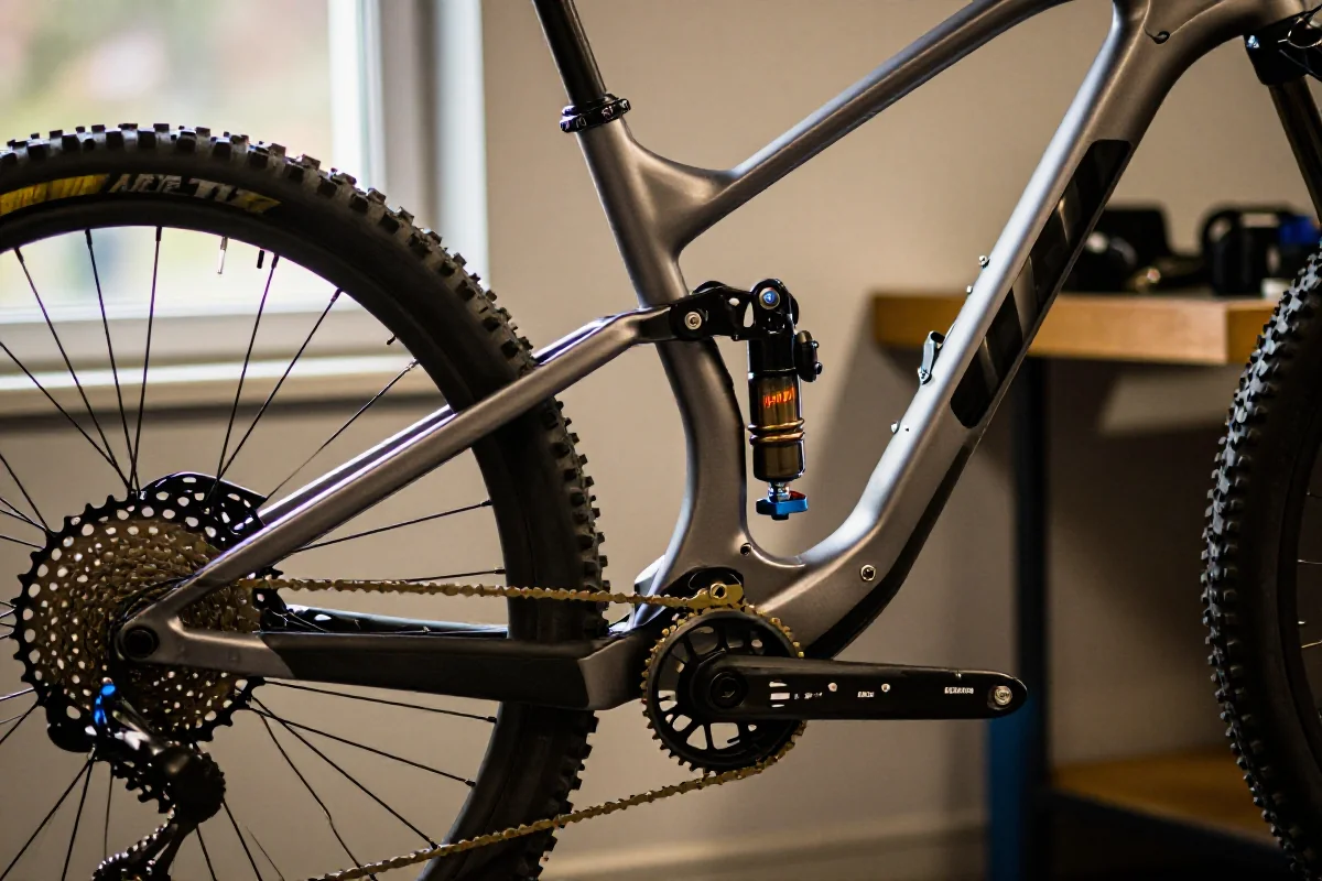 Szczegóły setupu roweru górskiego w warsztacie, ukazujące komponenty i regulacje.