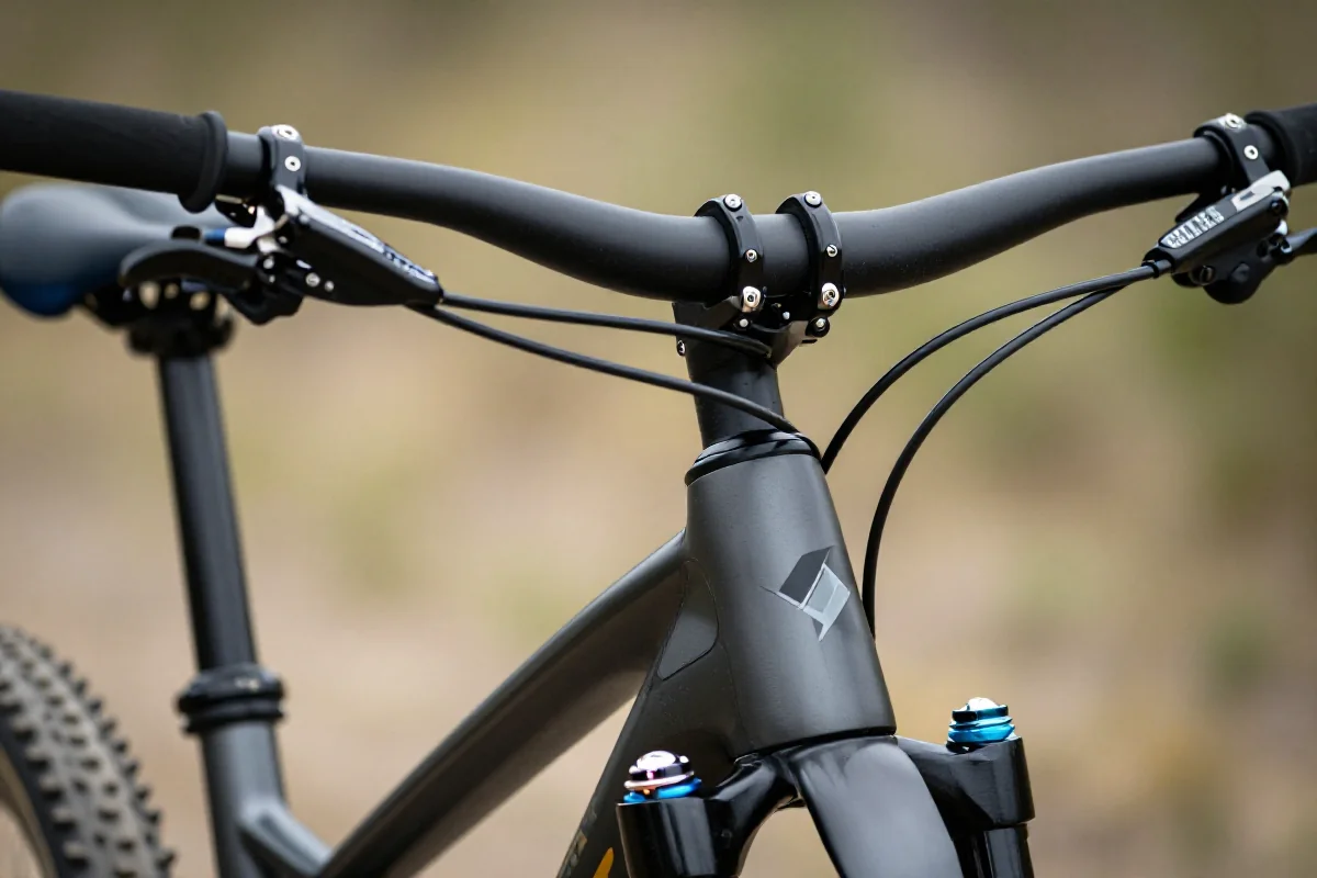 Kokpit roweru górskiego z regulowanym ustawieniem kierownicy i ergonomicznymi uchwytami.