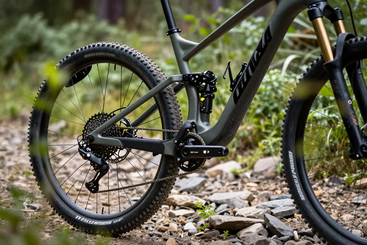 Rower górski przygotowany do bikepackingu na szlaku w naturze.