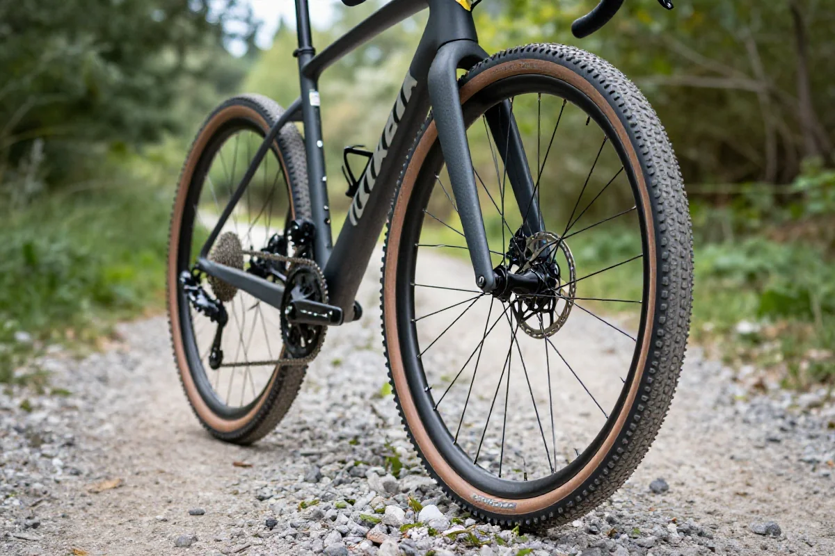 Zbliżenie opon gravelowych i przekładni roweru na szutrowej ścieżce.