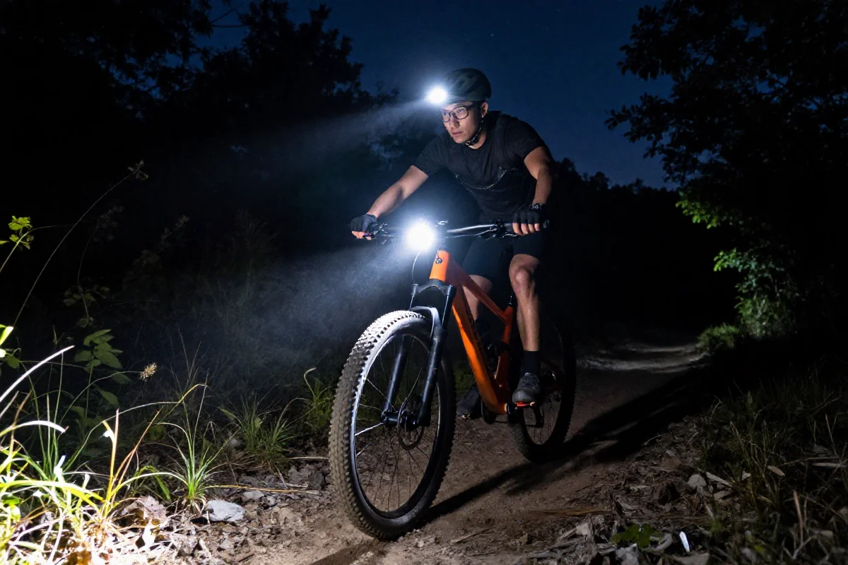 Zestaw oświetlenia dla jazdy nocnej na rowerze górskim w terenie
