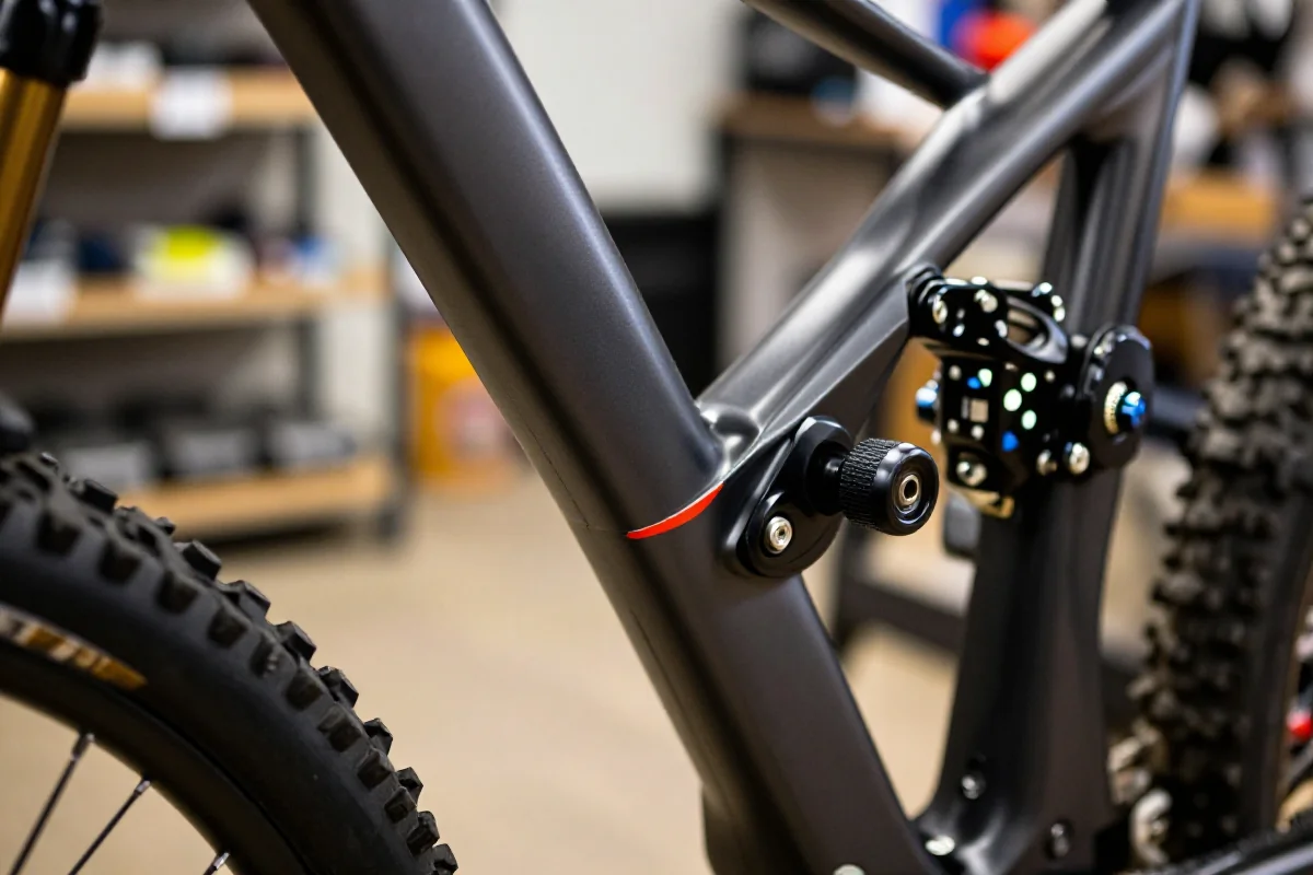 Amortyzator roweru górskiego z regulacją reboundu w warsztacie