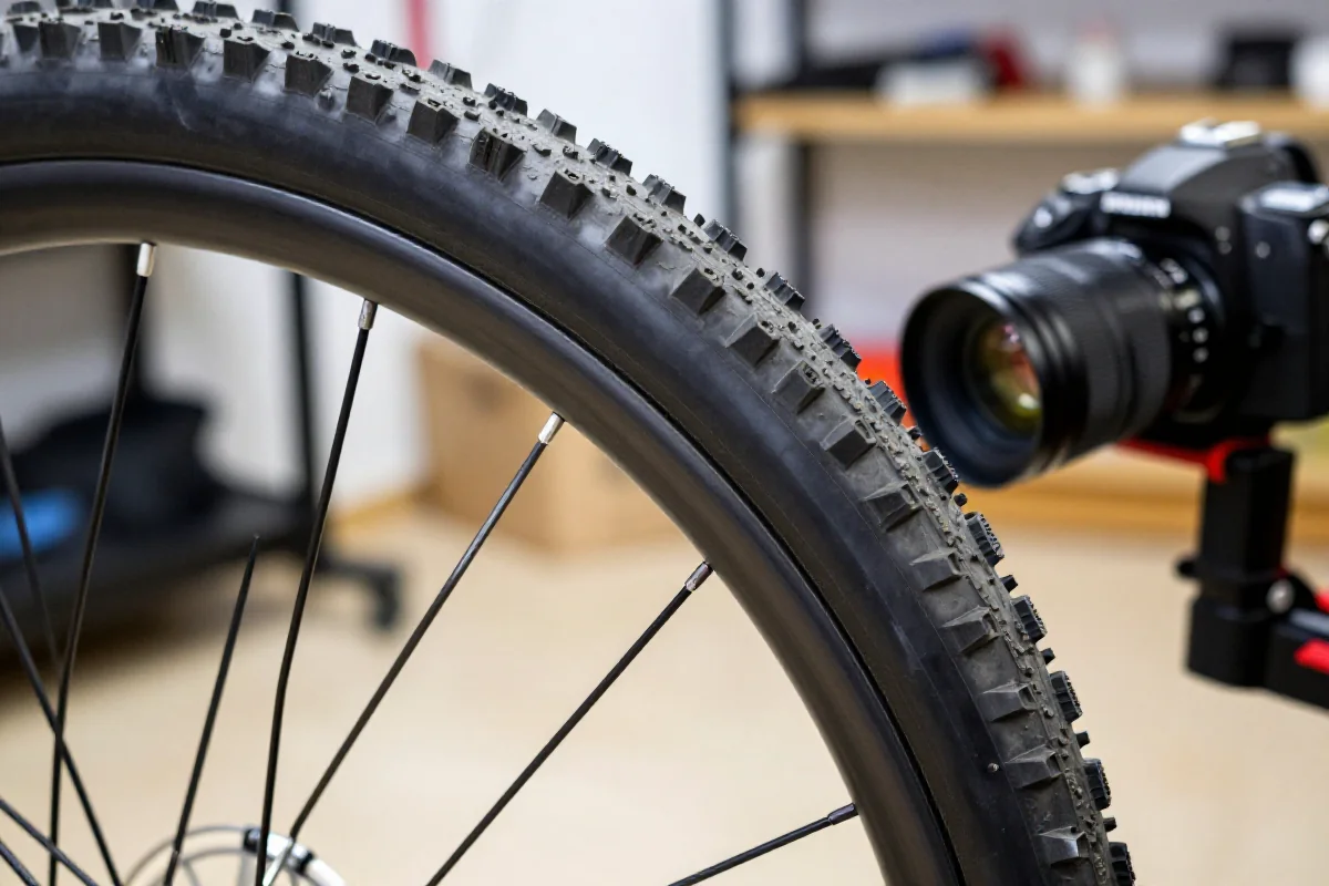 Bezdętkowe koło roweru górskiego 29 cali w warsztacie, detale opony i obręczy.
