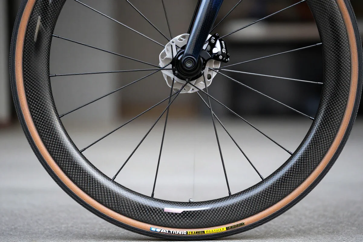 Bezdętkowy setup na obręczach karbonowych, ukazujący szczegóły i akcesoria.