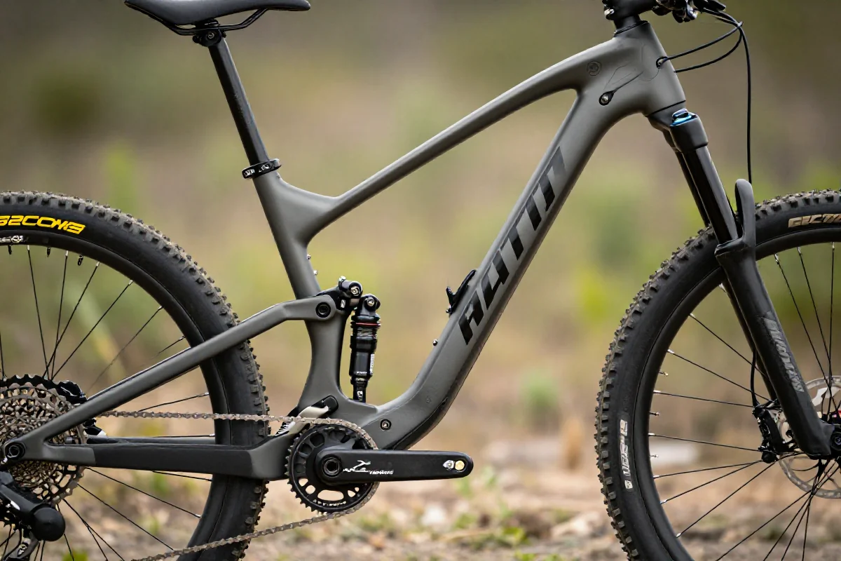 Nowoczesny rower górski XC z karbonową ramą i komponentami wyścigowymi.