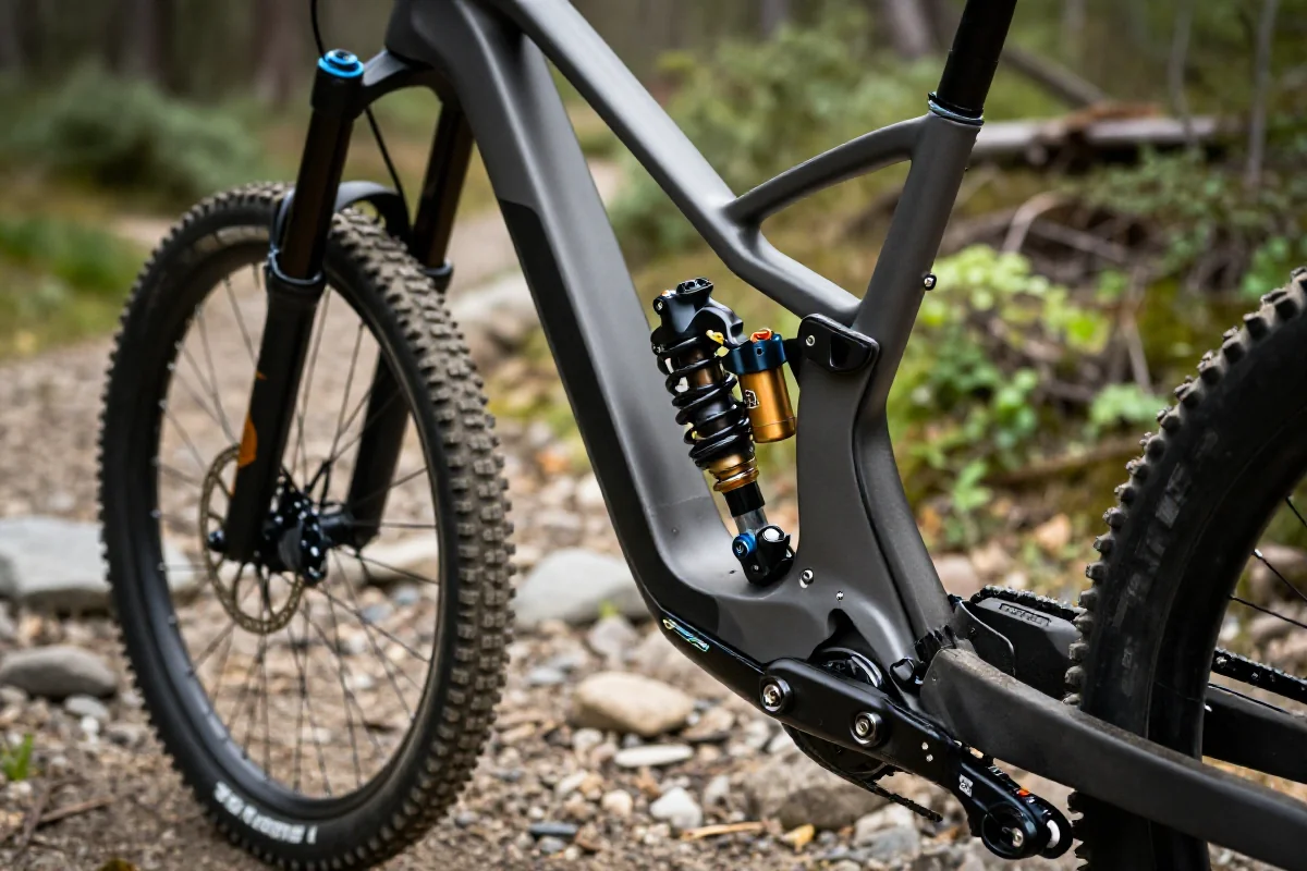 Zbliżenie na zawieszenie roweru górskiego na szlaku, idealne do trail ridingu.