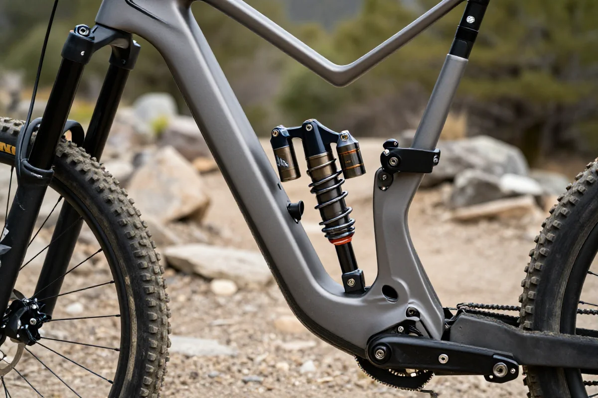 Zbliżenie na system zawieszenia roweru górskiego z regulacją SAG.