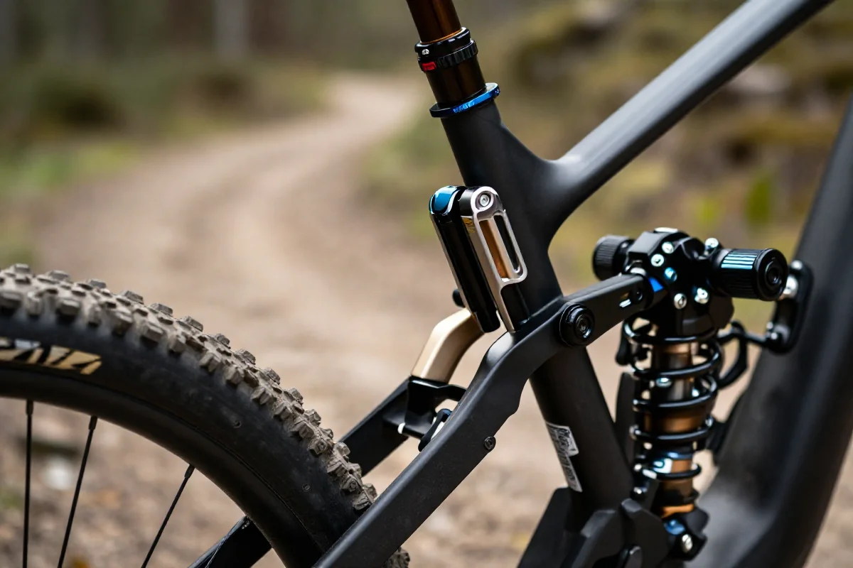 Szczegóły zawieszenia w rowerze MTB trailowym, idealne do regulacji.