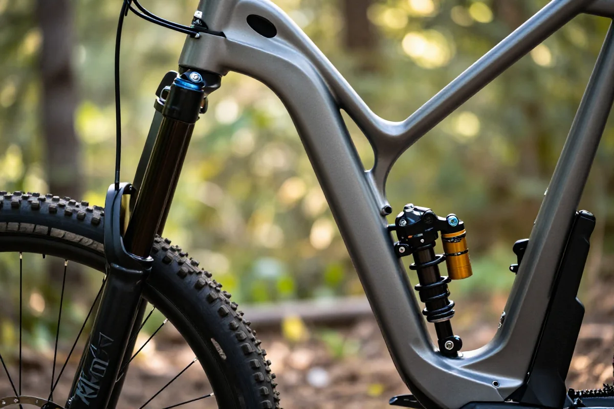 Zbliżenie na system zawieszenia roweru górskiego, widelec i amortyzator.