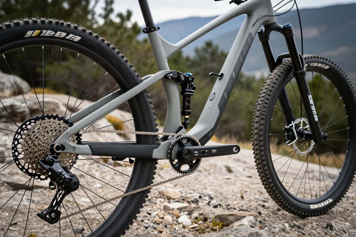 Zbliżenie na ramę roweru górskiego z technicznymi komponentami