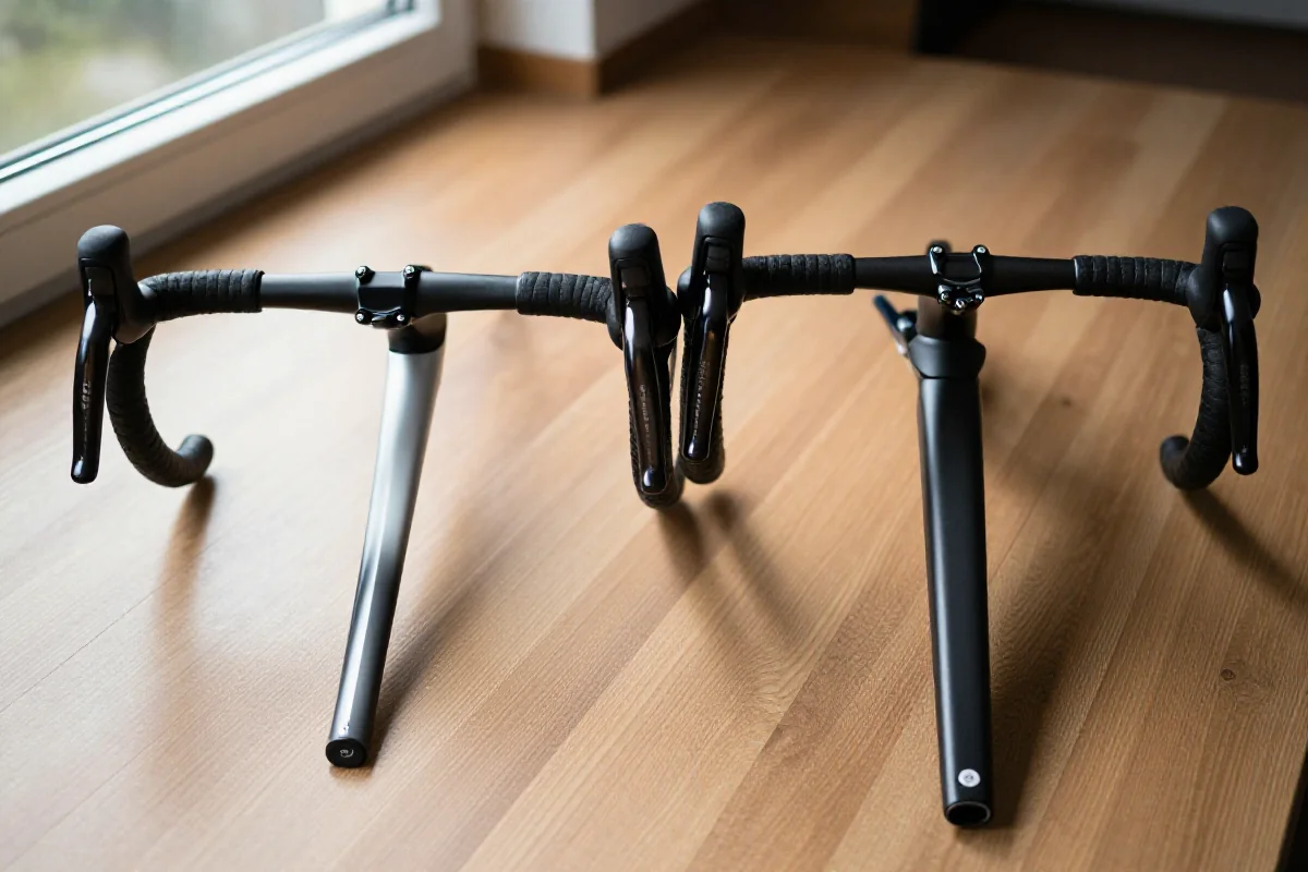 Porównanie kierownic szosowych shallow drop i standard drop na drewnianej powierzchni