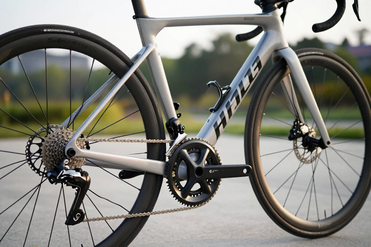 Nowoczesny zestaw komponentów rowerowych Shimano 105 na rowerze szosowym