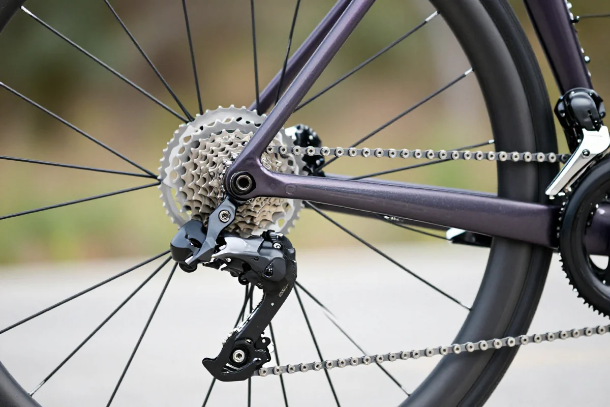 Szczegółowy widok napędu roweru szosowego z zaawansowanymi komponentami.