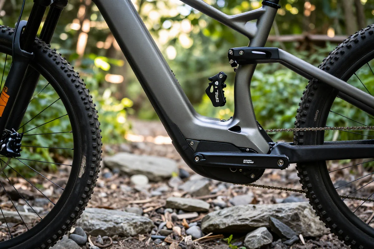 Silnik elektrycznego roweru górskiego Shimano EP6 z bliska na szlaku.