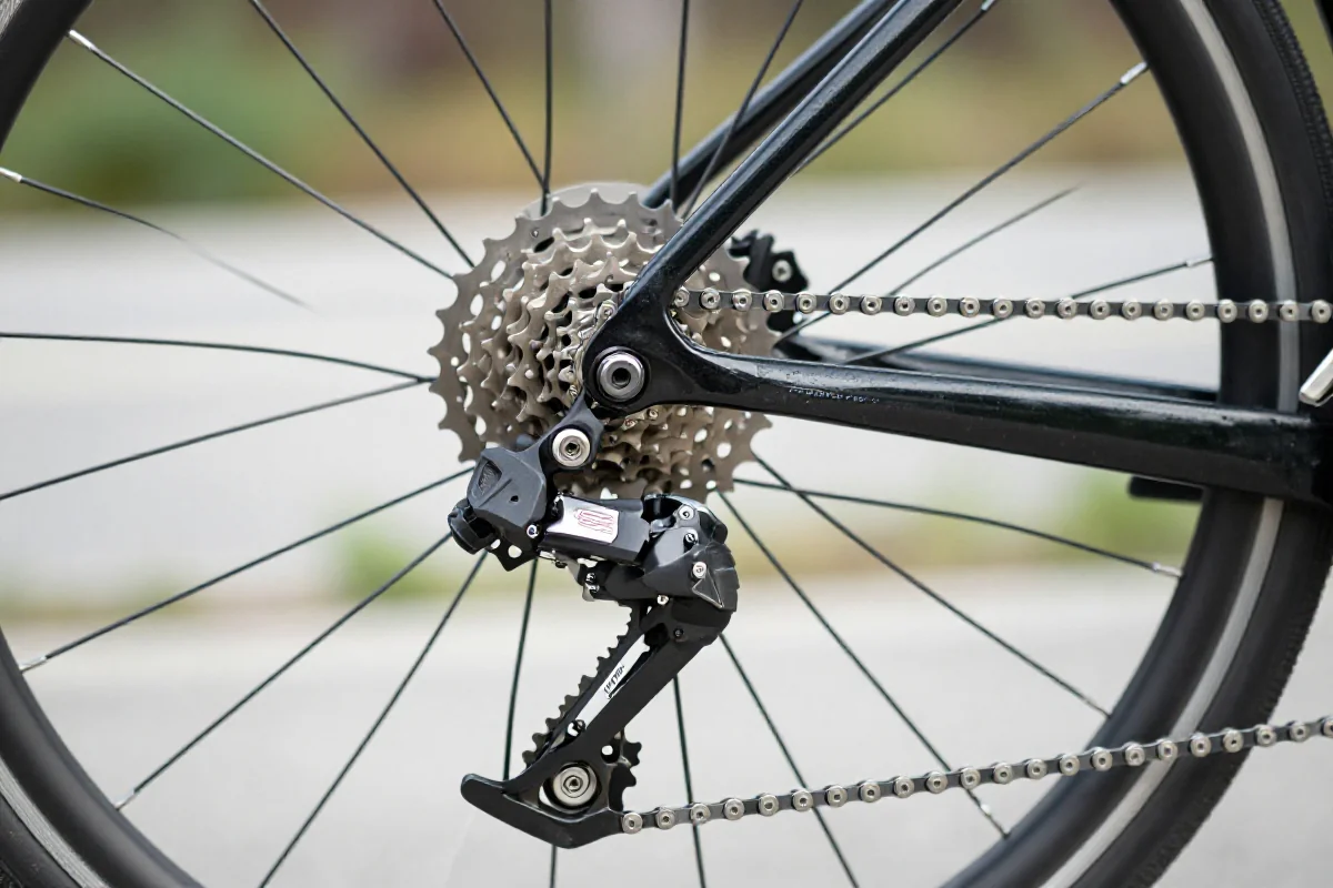 Szczegóły systemu biegów Shimano Tiagra 10-speed na rowerze szosowym.