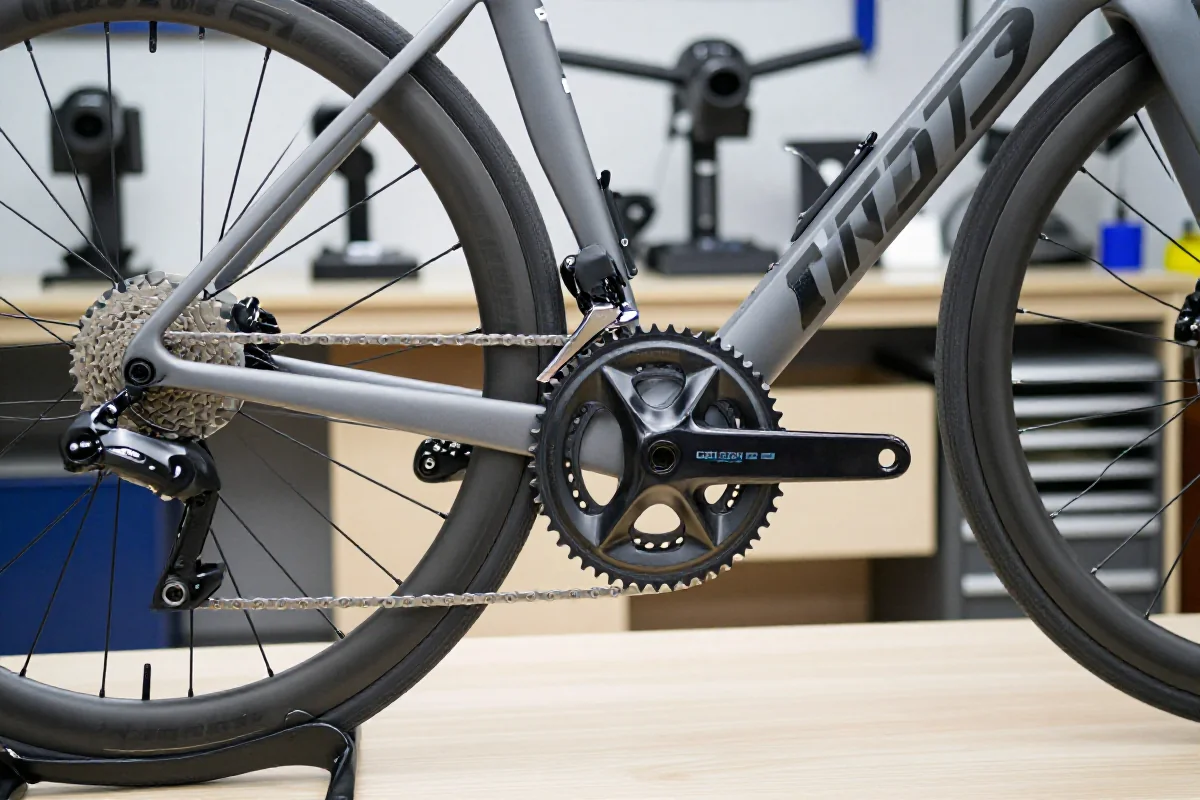 Rower szosowy z napędem 12-rzędowym i hamulcami hydraulicznymi.