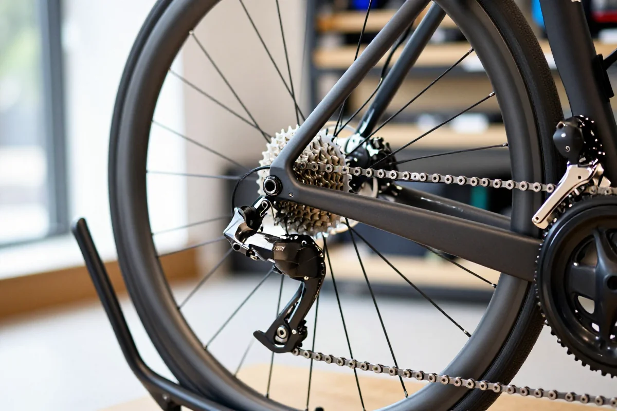 Skomplikowane komponenty osprzętu rowerowego szosowego w warsztacie