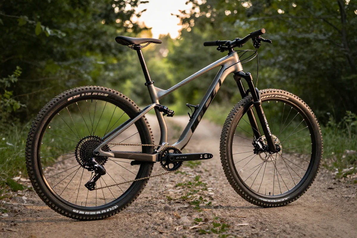 Rower górski na szlaku, ukazujący szczegóły techniczne i infrastrukturę MTB.